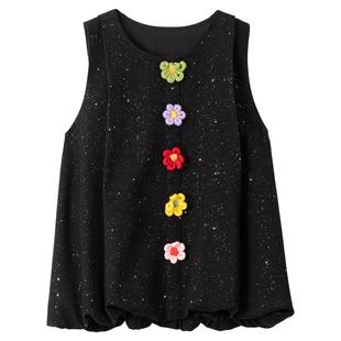 KEIKO 编织花饰花苞无袖背心裙春季叠搭俏皮风宽松撒银毛呢连衣裙