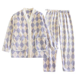 法兰绒孕妇睡衣秋冬加厚保暖可调节月子服珊瑚绒产后哺乳家居喂奶