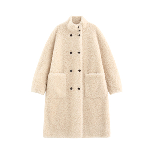 【蔚然】复古双排扣100绵羊毛立领加厚保暖长款廓形毛毛外套-3792