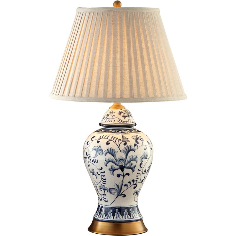 圣玛全铜冰裂陶瓷美式台灯蓝色青花瓷床头灯卧室客厅手绘复古桌灯