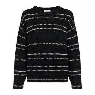 OTT秋冬新款黑白条纹宽松套头毛织衫女短款休闲百搭针织衫毛衣