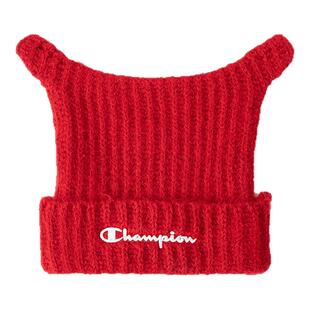 Champion儿童26秋冬新款毛线羊角帽红色针织趣味耳朵保暖帽子