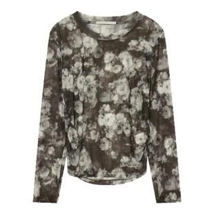 飘蕾复古晕染网纱打底衫2026春新款长袖薄款印花气质通勤百搭上衣