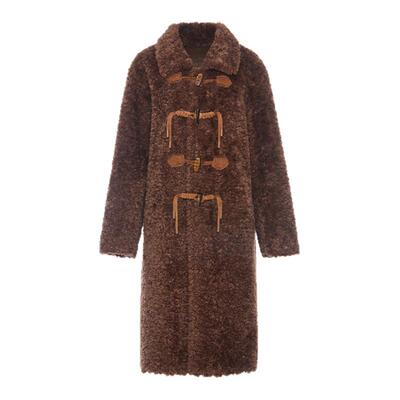 ROCHAROMMA 2025秋季新款牛角扣皮毛一体大衣女复古时尚毛呢大衣