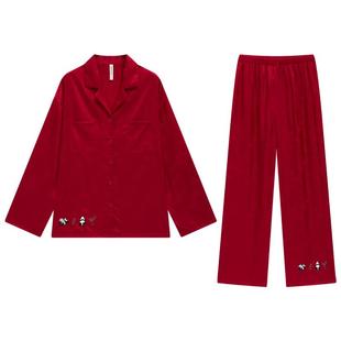 睡衣女士春夏季冰丝长袖长裤家居服丝绸仿真丝本命年红色少女套装