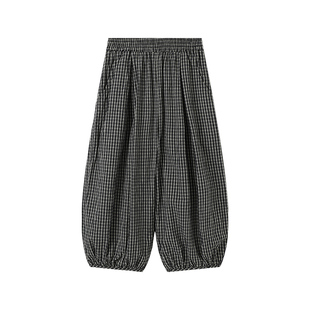 布丁哈鲁童装夏装女童纯棉裤子2026夏季新款儿童黑色格子灯笼裤