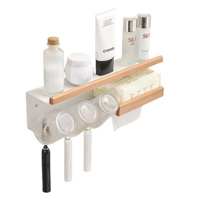 原木奶油风免打孔牙刷置物架杯子