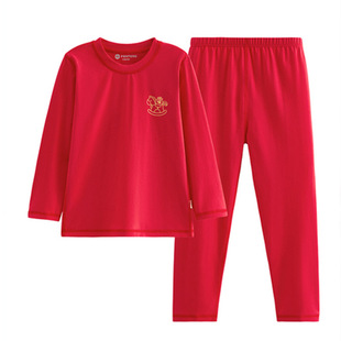 芬腾男女童睡衣春秋季纯棉长袖套装红色新年马年儿童中大童家居服