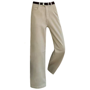 2025冬季JEANS阿凡牛A5383茶杏色加厚复合绒宽松女牛仔直筒奶奶裤