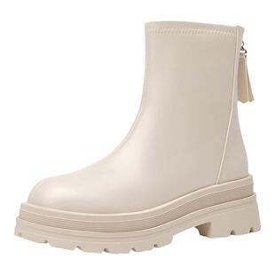 大东白色短靴女2025新款秋冬加绒靴子厚底瘦瘦靴法式切尔西马丁靴