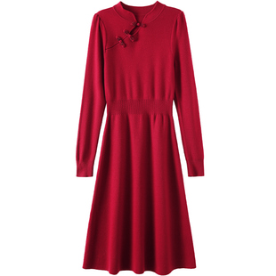 OSA欧莎过新年红色国风旗袍盘扣连衣裙女秋装气质针织毛衣长裙子