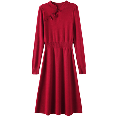 OSA欧莎红色国风旗袍盘扣连衣裙