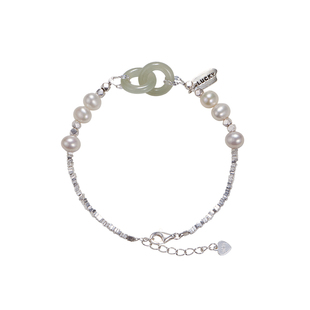 赛赛莉安环环相扣天然和田玉淡水珍珠碎银子S925纯银手链生日礼物