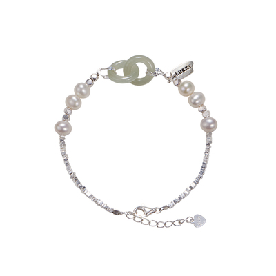 和田玉环环相扣天然珍珠纯银手链