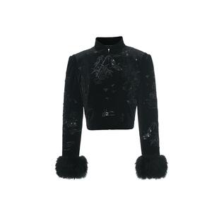 lefame拉飞姆冬季黑丝绒中式亭台楼阁绣花棉服外套女