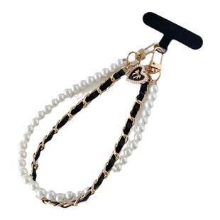 小香风手机链双链条可拆卸金属皮革手链高端珍珠腕带挂件包包手腕钥匙扣挂链挂件高级挂绳短款吊绳卡片贴片壳