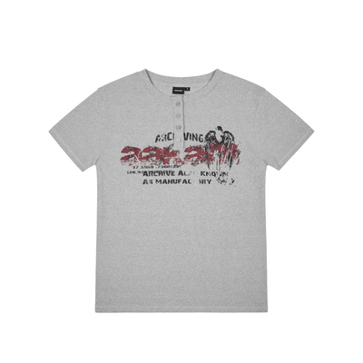 AAKAM 26春新品做旧感印花T恤亨利领休闲短袖上衣韩国代购