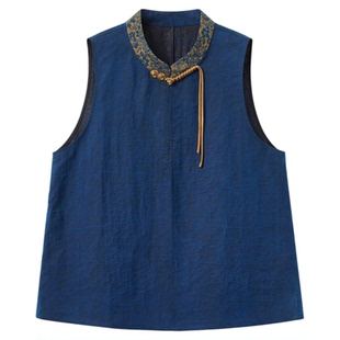 布小匠原创设计桑蚕丝蓝色香云纱拼接马夹女款秋季新中式国风马甲