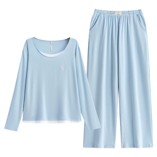 悦内带胸垫睡衣女春秋款莫代尔长袖家居服秋季圆领套头休闲可外穿