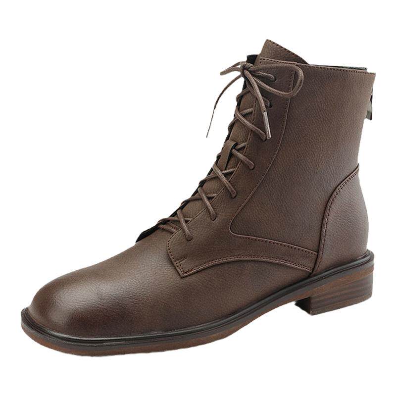 真皮马丁靴女2026年新款秋冬季圆头加绒平底软底复古风瘦瘦短靴女