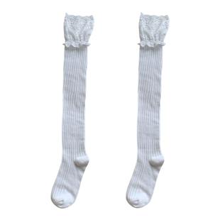 purpleguys白色蕾丝长筒袜子女纯欲美拉德拼接靴袜高筒堆堆过膝袜