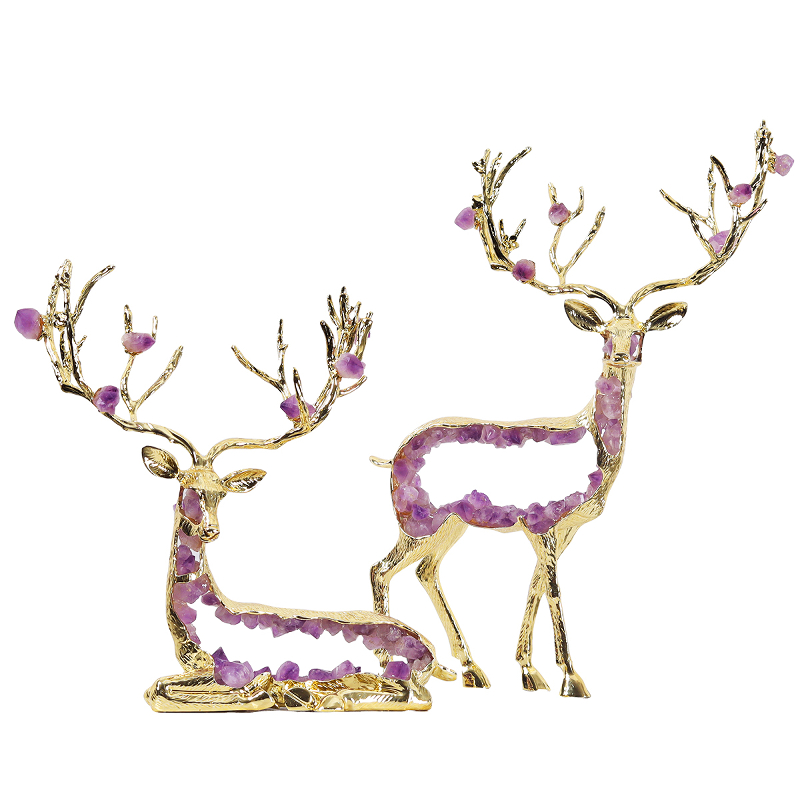 紫水晶招财对鹿玄关酒柜高档装饰品轻奢艺术家居公司店铺柜台摆件