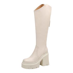 超高跟12cm增高真皮女靴子秋冬厚底粗跟坡跟显瘦弹力不过膝长筒靴