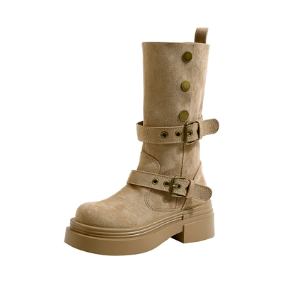 两穿翻领棕色春秋新款美拉德短靴