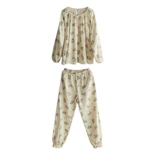 闲庭黄花 温柔奶油黄复古碎花圆领纯棉纱布长袖家居服睡衣套装春