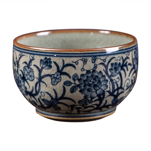 景德镇柴窑青花老陶泥主人杯 手绘莲花功夫茶杯 内绘陶瓷品茗杯单