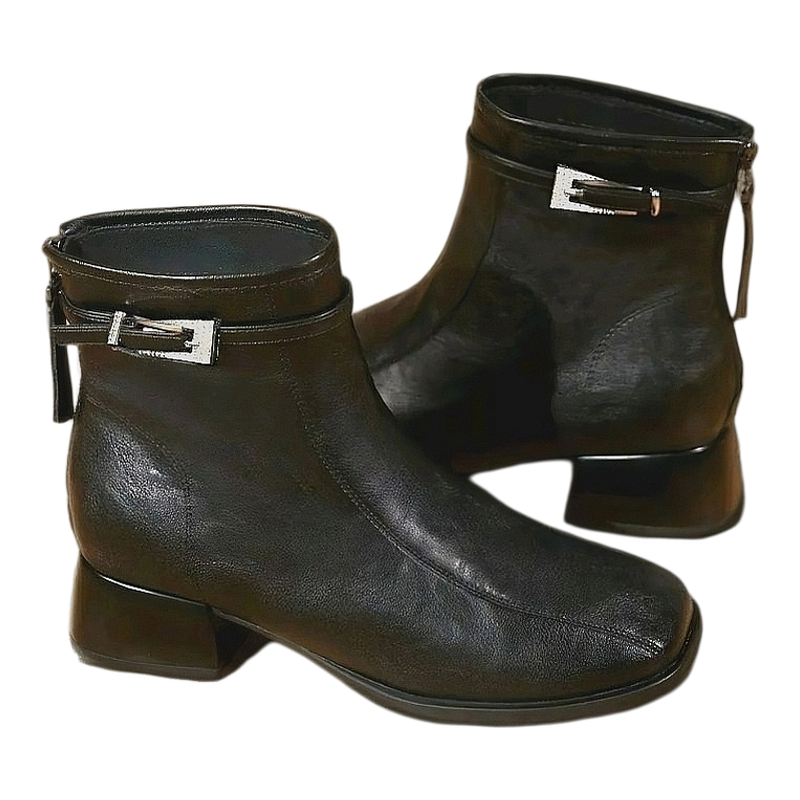 2025秋冬新款防滑耐磨复古百搭粗跟方头短靴女软底软面妈妈鞋