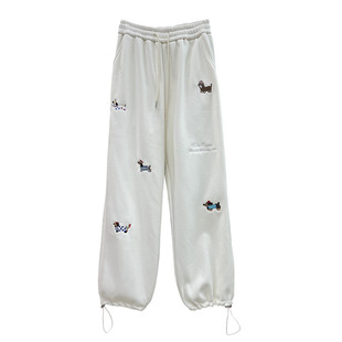 小狗狗图案裤子女冬季加绒加厚腊肠狗刺绣花收口束脚阔腿直筒卫裤