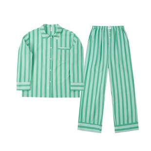 FORRETRO抹茶绿条纹纯棉睡衣长袖长裤春夏秋高级感男女家居服外穿