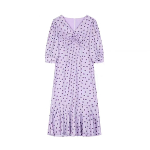 idole奕多法式复古v领泡泡袖波点连衣裙女秋季新款高腰气质鱼尾裙