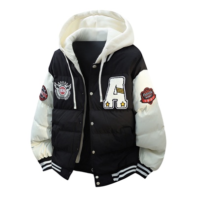 黑色假两件棉袄男外套青少年