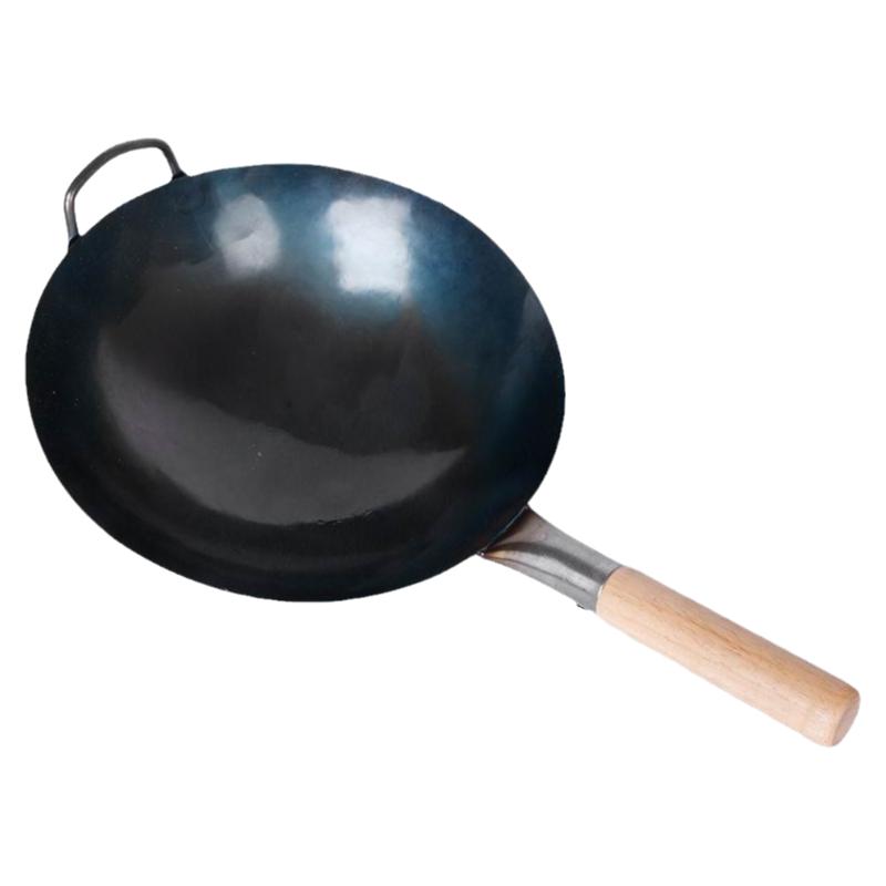 中华熟铁炒锅炒菜锅镬无涂层尖圆底老式手打生铁锅木把手锅免开锅