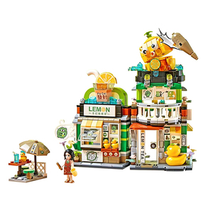 LOZ俐智熊猫茶舍柠檬茶店螺蛳粉店折叠街景小颗粒积木小熊咖啡店