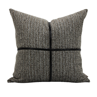 浅咖拼接抱枕十字皮条靠垫简约沙发靠包样板房公共大厅售楼处展厅