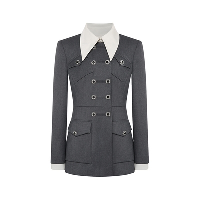 Maison Wester2026春季新品灰白撞色翻领双排扣收腰西装上衣外套