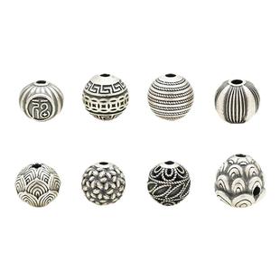 S999纯银隔珠 复古足银福字铜钱莲花线条小花圆珠DIY编绳串珠配件