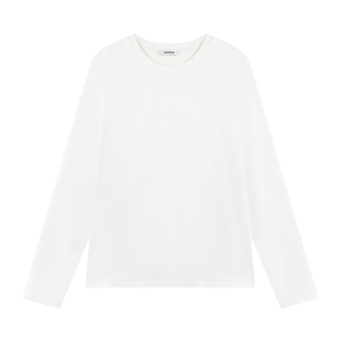 pusumede极简主义 白色长袖打底衫女宽松圆领t恤休闲正肩针织上衣