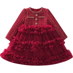 女童红色连衣裙秋冬2025新款洋气小女孩加绒公主裙儿童小香风裙子