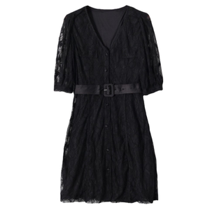 黑色蕾丝V领连衣裙女 收腰显瘦中袖小黑裙 法式优雅气质宴会裙