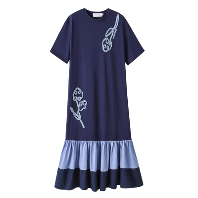 夏季新款大码女装胖mm宽松显瘦撞色拼接拼色裙摆绣花短袖连衣裙