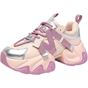 大东鞋子女2025新款爆款秋冬今年流行的厚底老爹鞋女款粉色运动鞋