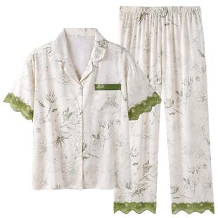 睡衣女士夏季冰丝短袖长裤薄款夏天仿真丝绸中年妈妈高级感家居服