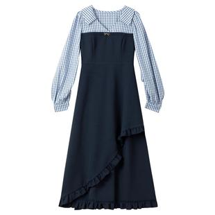 KEIKO 知性风格纹拼色连衣裙26春季韩系假两件垂坠显瘦不规则长裙