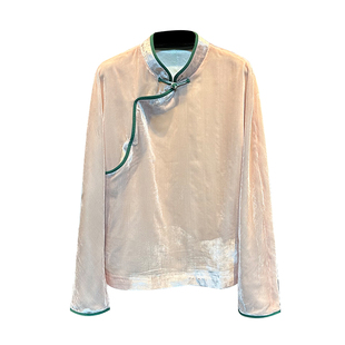 春秋中国风复古粉色真丝丝绒撞色上衣新中式立领盘口长袖衫女