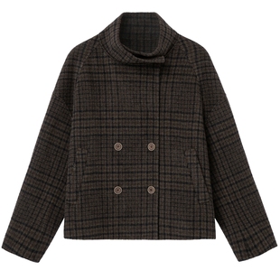 布景毛呢外套女短款冬季新品简约立领翻领格子羊毛混纺大衣1721