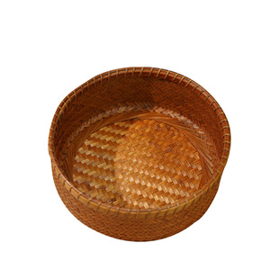 手工大漆圆形收纳盘家用馒头零食收纳筐中式果盘竹篮竹编制品簸箕